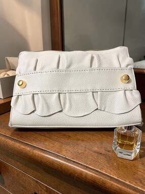 Milly White Pebbled Leather Ruffled Clutch with Gold Hardware